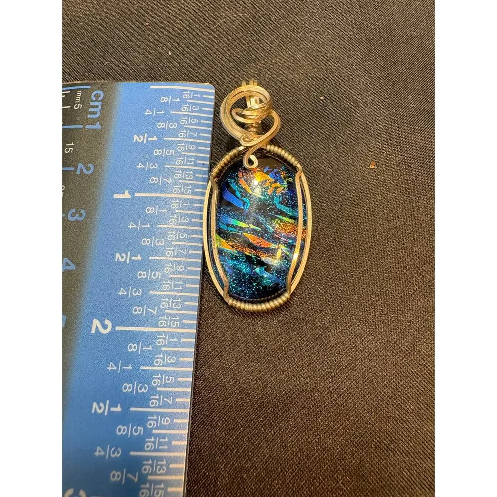Large Sterling Silver Wire-Wrapped Dichroic Glass Pendant — Pendant Only